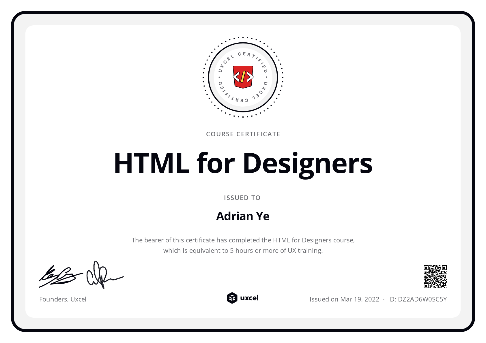 Adrian Ye's certificate
